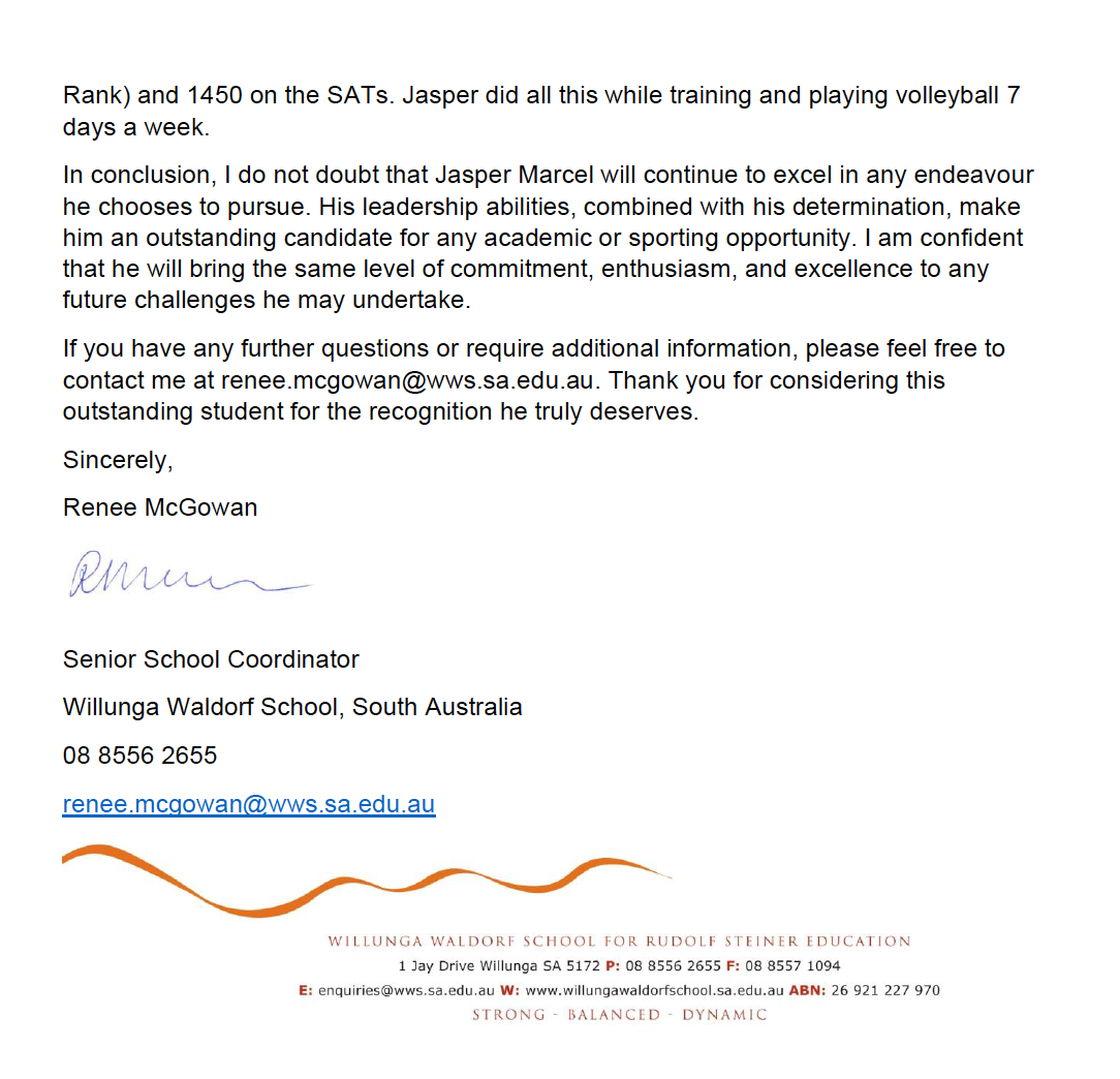 Jasper Marcel Class of 2024 Recommendation Letter Willunga Waldorf School